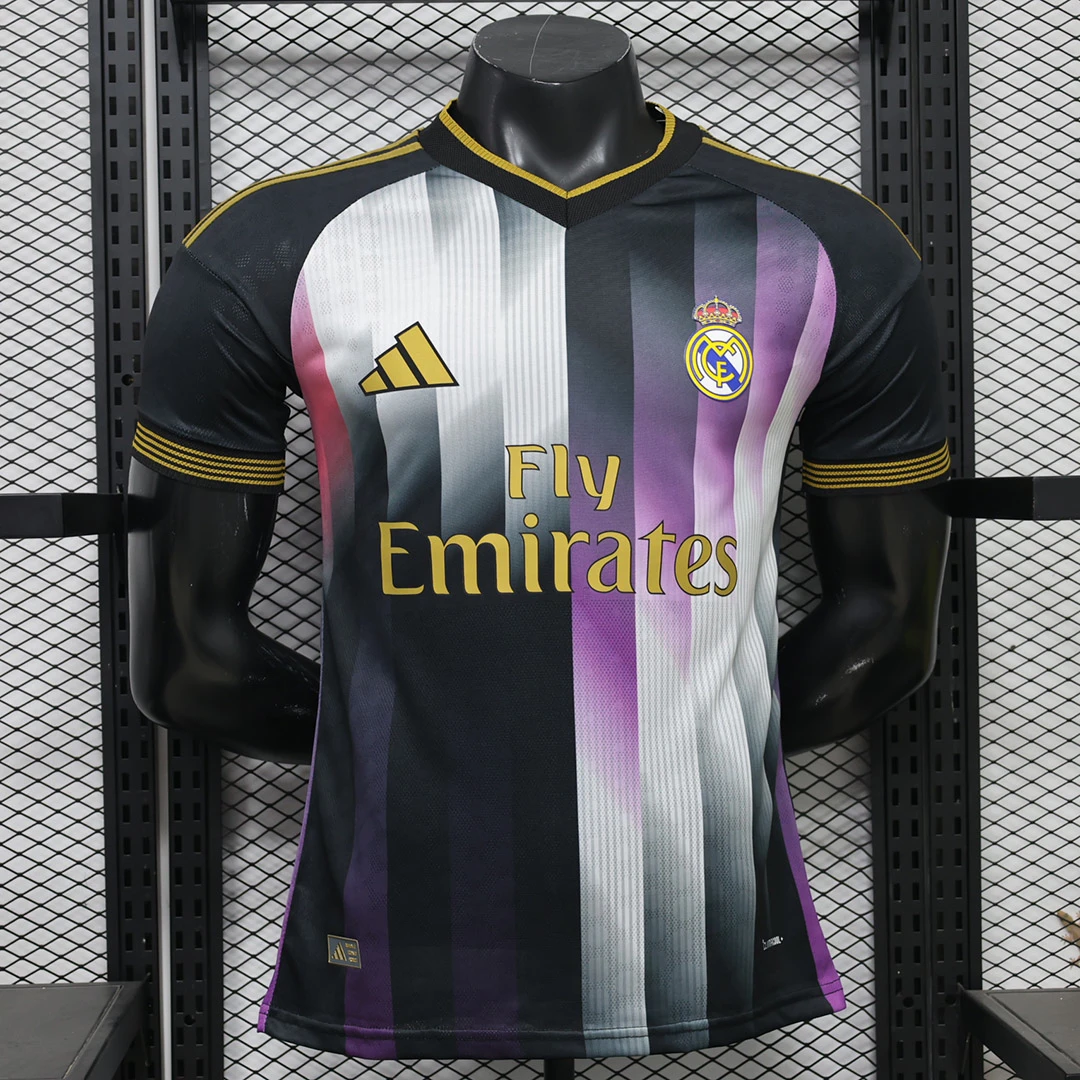 26/27 Real Madrid Special Player Version Striped Black and Purple Gold Soccer Jersey
