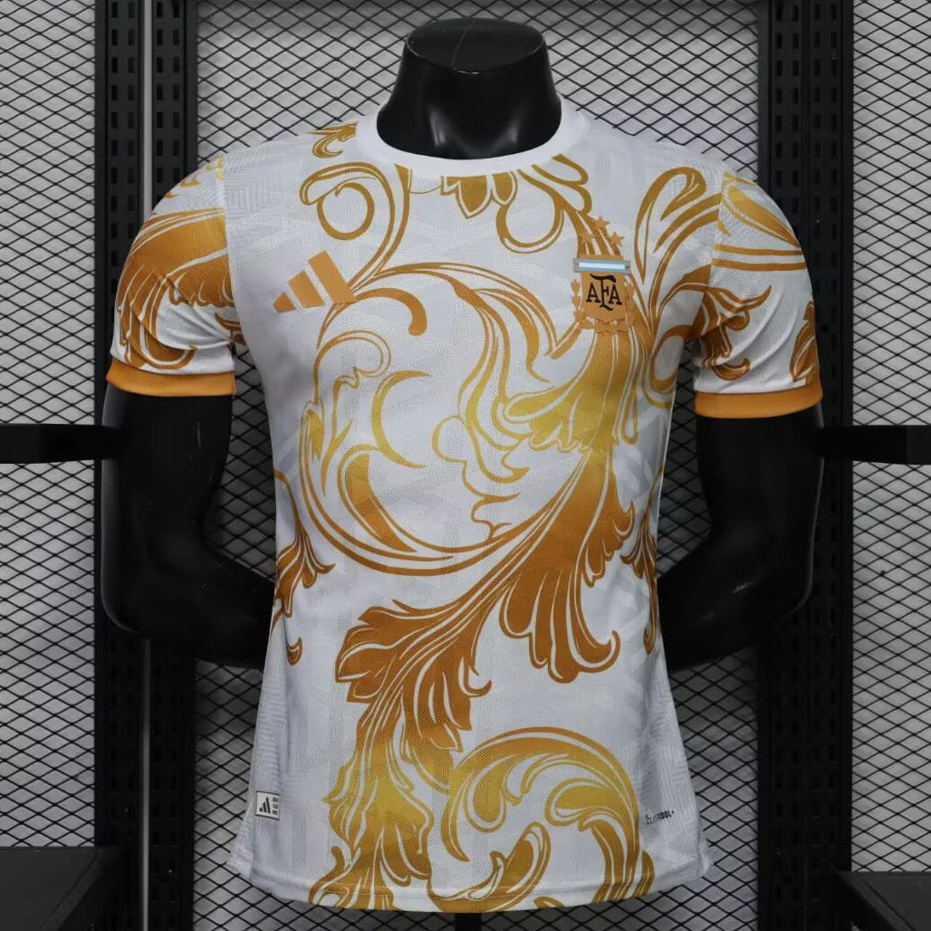 2026 Argentina Gold Baroque Floral Player Version White Soccer Jersey